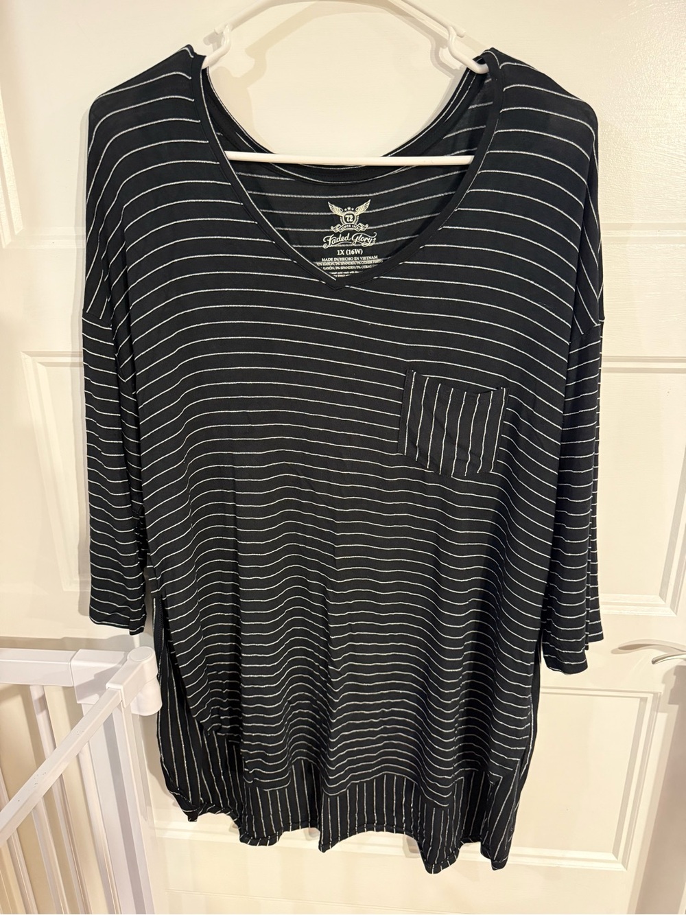 Faded Glory Black and White Striped V-Neck Tunic with Pocket Detail